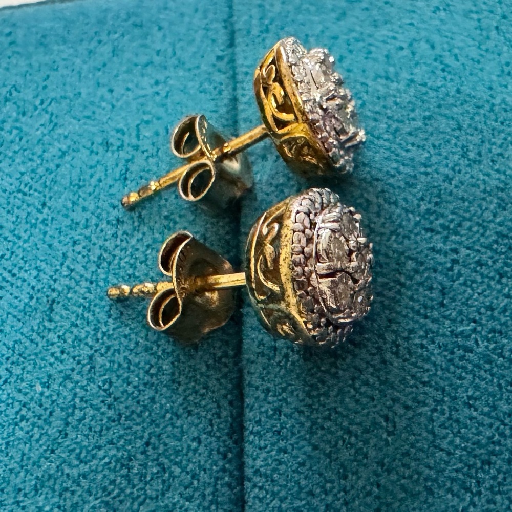 Authentic Effy Jewelry Two Tone Sterling silver & Gold Diamond Stud Earrings